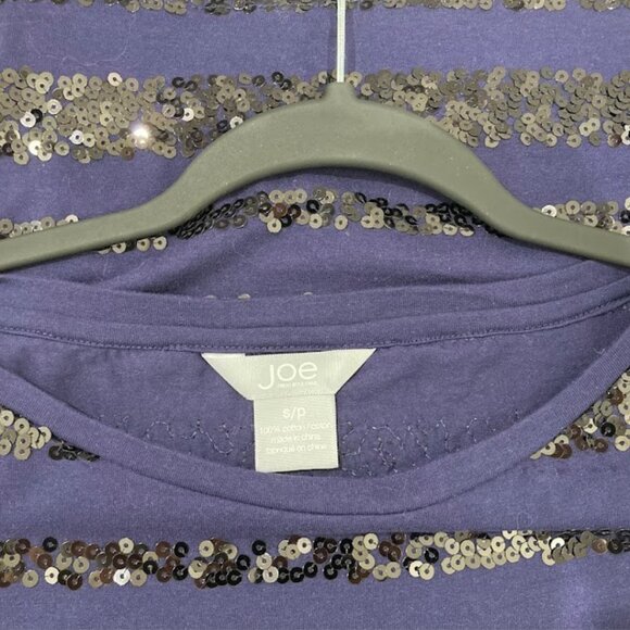 Joe Navy Blue Sequin Stripe Stretch Cotton T-Shirt | Boat Neck - Picture 14 of 16